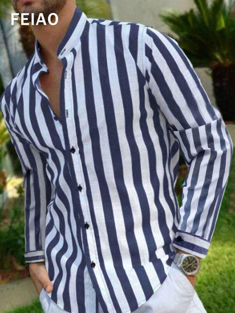 FEIAO Men's Retro Old Money Style Striped Beach Shirt Casual Long Sleeve Shirt Versatile Four Seasons Style - Blue and White - View 1