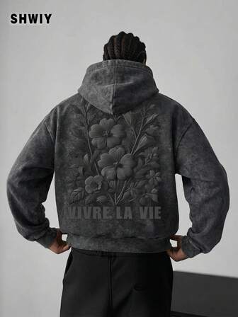 Herr höst casual tvättad svart huvtröja med fickor, blommönster, minimalistisk och moderiktig långärmad tröja lämplig för vardagsbruk och streetwear