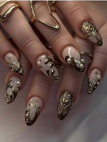 10片装 DIY 可爱巴洛克 Y2K 朋克哥特铬金属西式法式杏仁形亚克力按压式美甲贴片，金色美甲，手绘金色波浪，银色珠子，3D钻石，适合酷女孩或男孩，女士或男士，用于派对、日常或婚礼美甲装饰，附赠凝胶贴纸、指甲锉和美甲配件。 - 金色 - 查看 2