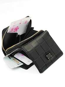 MINGYOU 短款三折手提钱包 PU 皮革女士多功能钱包 带拉链大容量零钱包 身份证卡夹 女士现金钱包 迷你钱包 小钱包 可爱钱包 - 黑色 - 查看 5