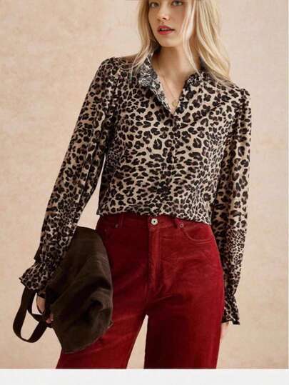 Women's Casual Leopard Print Mandarin Collar Long Sleeve Shirt Vacation