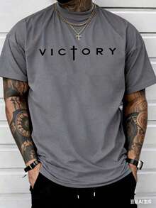 PAYEAH Men's Letter Print Shirt Crew Neck Short Sleeve Summer Tee Shirts Tops 100% Comfortable Cotton - 灰色 - 查看 1