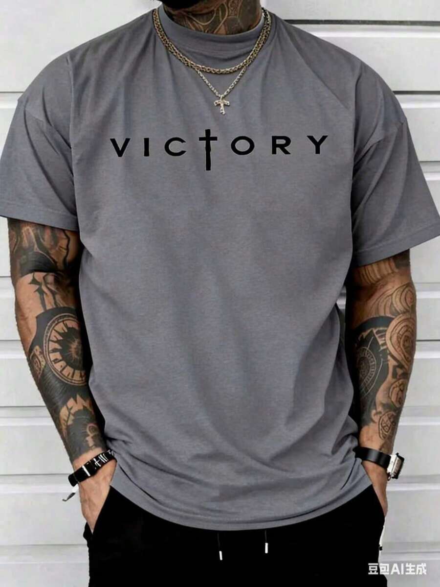 PAYEAH Men's Letter Print Shirt Crew Neck Short Sleeve Summer Tee Shirts Tops 100% Comfortable Cotton - 灰色 - 查看 1