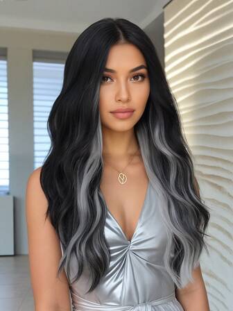 黑色挑染灰色长款柔软波浪假发，26英寸，中分设计，仿真头皮，自然蓬松，采用耐热合成纤维，经机械处理，打造波浪卷发。适合女性日常时尚佩戴、节日装扮、派对造型、万圣节、圣诞节、角色扮演、Y2K冬季休闲街头风等。