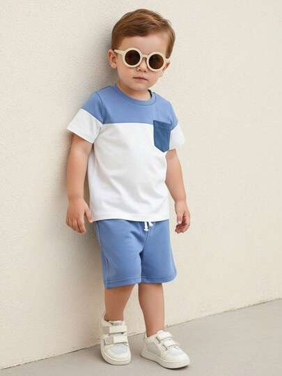 2pcs Baby BoySummer Patchwork Color Block Short Sleeve T-Shirt And Shorts Set, Casual Holiday Outfit