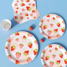 草莓图案一次性餐盘、餐巾纸、杯子套装，派对用品，可供8位客人使用，一次性纸盘，派对餐具，适用于生日、婚礼、主题派对、家庭野餐 - 彩色 - 查看 4