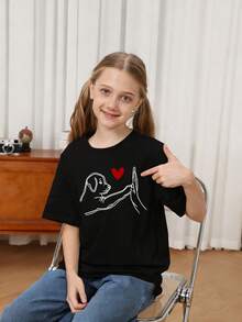 Tween Girls High Five Puppy Print Round Neck Short Sleeve T-Shirt, Summer Top - Black - View 2