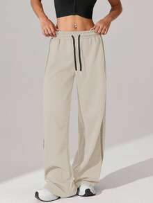 女士华夫格针织宽松直筒抽绳腰撞色休闲运动裤，春夏款 - 杏色 - 查看 5