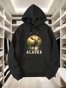 Cute Alaska Majestic Moose Hoodie  Streetwear Black Essential, Pocket, Andight Stretch Fabric - 黑色12 - 查看 1