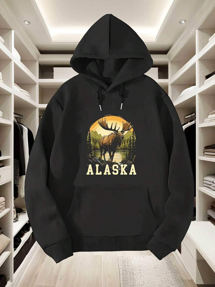 Cute Alaska Majestic Moose Hoodie Streetwear Black Essential, Pocket, Andight Stretch Fabric - 黑色12 - 查看 1