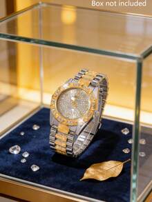 Luxury Style Dual-Tone Gold & Silver Women's Watch Set, Includes 1 Gold & Silver Tone Diamond Quartz Watch And 1 Matching Rhinestone Decorated Long Chain Pendant Bracelet, Featuring Contrasting Color Design - Multicolor - View 3