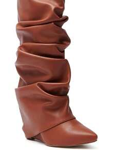Women's Slouched Ruched Fold Over Boots - Patent Leather Covered Wedge Heel Wide Calf Pointed Toe Knee High Casual Boots - Tan - View 3