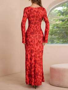 女士优雅圆领印花长袖基础款连衣裙，秋季