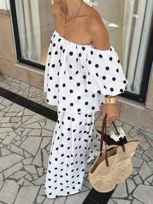Look Polly 女士夏季弹力单肩设计上衣，口袋设计长裤，波点面料性感休闲宽松两件套，适合约会、度假、海滩、旅行、郊游、生日等场合，白色 - 白色 - 查看 7