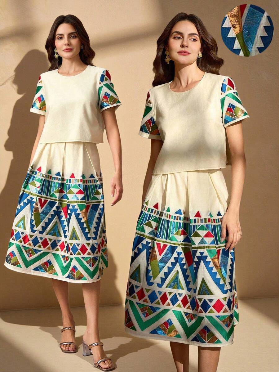 Elegant Charming Cute Jacquard Fabric Two Pieces Set, Ethnical Style Lightweight Luxury Sleeveless Top And Pleated Skirt - Multicolor - View 1