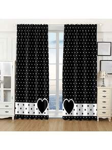 2pcs Black And White Polka Dot Heart Pattern Curtains, Polyester Material, Blackout Curtains Suitable For Bedroom, Living Room, Office And Home Decoration, Rod Pocket With Eyelets, Machine Washable. - 彩色 - 查看 5