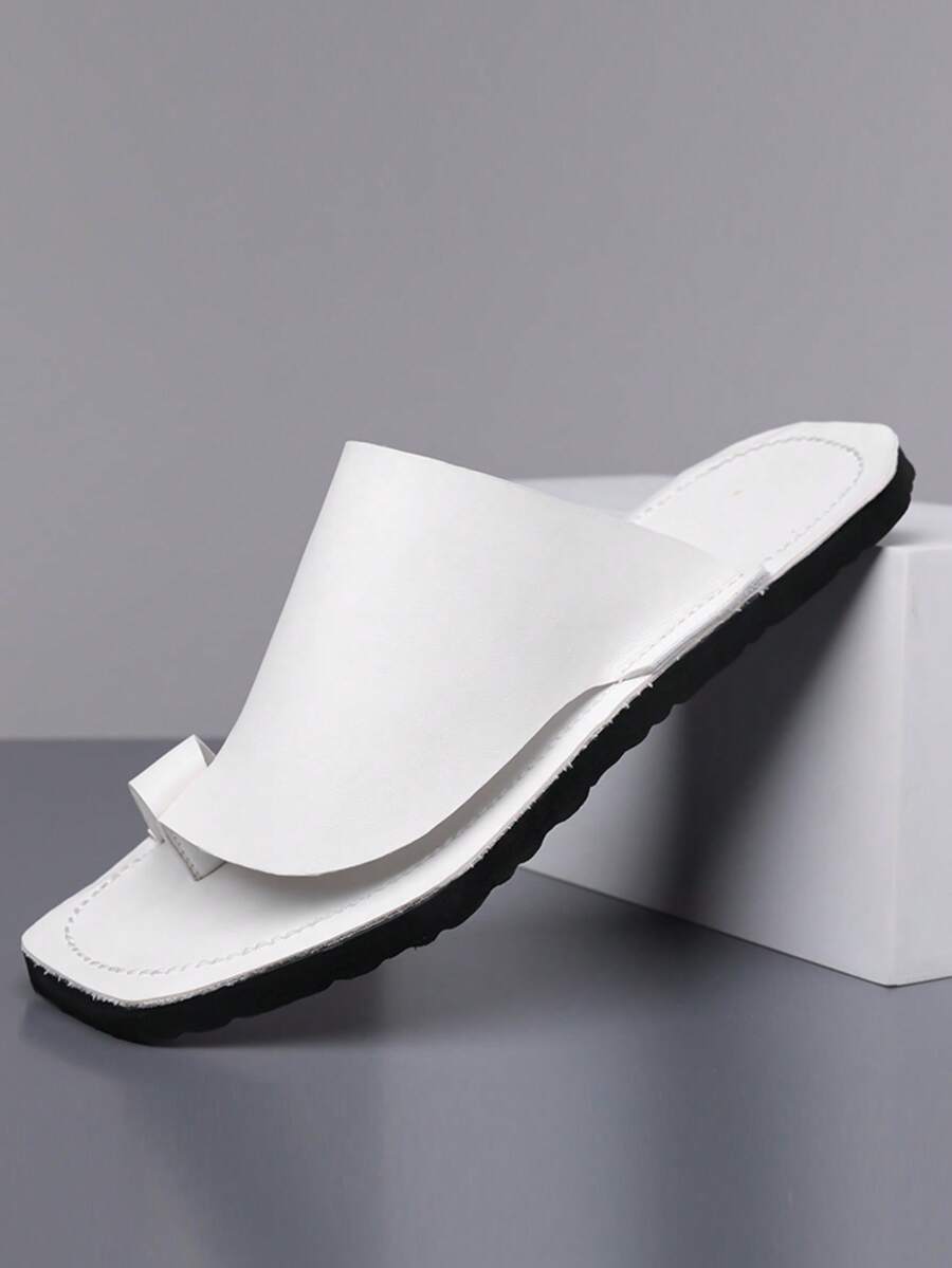 Men's White Microfiber Leather Flip Flop Sandals, Minimalist Retro Beach Vacation Shoes, Non-Slip Breathable, Sizes 39-48 - White - View 1