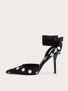 Pointed Toe Satin Polka Dot Lace-Up Stiletto High Heels, Sexy & Minimalist For Party & Banquet - Black - View 4