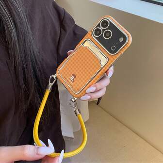 Orange rutig plånbok i PU-läder med korthållare och valptryck, silvergalvaniserad kant, modernt telefonskal + gult remsnodd, kompatibel med iPhone 17 Pro, 16, 15 Pro Max, 14, 13 - Skyddande fodral med snygg design, lämplig för daglig användning