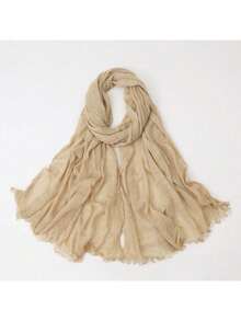 1件装女士纯色褶皱流苏穆斯林头巾披肩，柔软透气时尚百搭围巾 - 彩色 - 查看 16