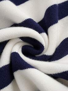 Sexy Off-Shoulder Collared Contrast Striped Bodycon Knit Dress, Slim Fit, Spring/Summer - Blue - View 11