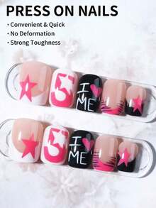 24pcs Short Square Leopard Print Pink & White French Embossed Nail Stickers, Decorated With Heart, Star And Friday Patterns, Cute Girl Style, Perfect Fit For Nails, Set Includes 1pc Jelly Gel And 1pc Nail File, Suitable For Women And Girls For Daily Wear And Various Party Occasions - Nhiều màu 7 - Xem 10