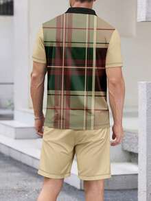 Men's Casual Plaid Polo Shirt And Shorts Set, Summer - Multicolor - View 4