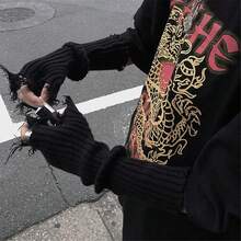 Mrotrida Women's Punk Fingerless Glove Cosplay Ripped Gloves For Halloween Costume Party 1Pair,BlackKnitted - BlackKnitted - 查看 4