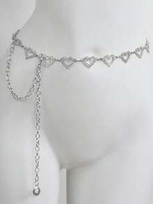 1pc Fashionable Heart-Shaped Rhinestone Waist Chain Metal Braided Belt For Women, Perfect Fit For Summer Dresses With Versatile And Personalized Style Halloween Valentine's Day Summer, School Fall, Autumn, Halloween - Bạc - Xem 8