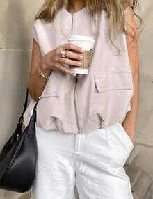 Women's Oversized Zip Up Cargo Vest Casual Ruched Hem Sleeveless Jackets Vest Top With Pockets - 灰色 - 查看 3