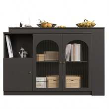Mesa de bar giratória 360° (corpo principal 120 x 40 x 97 cm), moderna e minimalista, com rotação na cor branca, e armário multifuncional para armazenamento com porta de vidro. - Preto - Ver 7