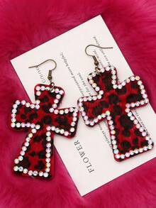 一对Y2K闪亮水晶粉色豹纹十字耳环，性感迷人耳环配饰，复古哥特风首饰，朋克万圣节礼物 - 歌德 - 查看 6