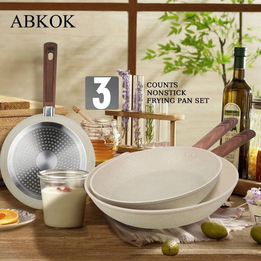 1pc/3pcs Set Nonstick Frying Pan Set (7.4/9.7/11.3 Inch) - Wooden Handle, Easy To Clean Cookware, Universal For Gas, Induction, Electric Stove (Single/Set Available) - White - View 1