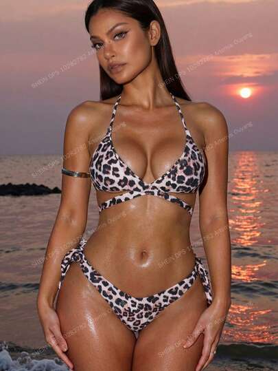 Swim SXY Conjunto de bikini de halter cruzado con estampado de leopardo para playa de verano
