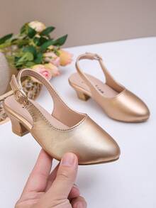 Girls' Heeled Sandals With Adjustable Activity Buttons,Pointed High Heels,Performance Shoes,Dance Party Dress Shoes, Versatile Shoes For All Seasons . - Champagne - View 3
