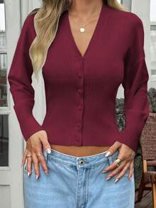 Áo khoác cardigan cổ chữ V màu trơn cài cúc kiểu Y2K Sunshine Girl gợi cảm, thích hợp cho mùa xuân, ngày Valentine và mùa tựu trường. - Màu Đỏ Sâu - Xem 8
