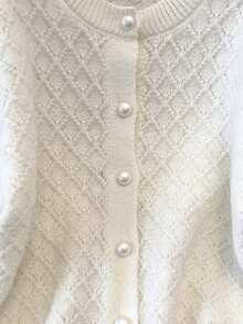 French Romantic Lace Patchwork Round Neck Hollow Pearl Button Knitted Cardigan - White - View 4