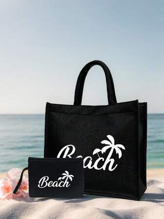 1 Set Women's Linen Large Capacity Tote Bag & Cosmetic Bag, Beach Pattern Printed White Letter Design, Black Linen Coin Purse, Black Square Shopping Bag, Tote Bag & Cosmetic Bag, Multi-Functional Portable Printed Tote Bag, Large Capacity Lightweight Tote Bag, Women's Gift, Personalized Gift Bag, Suitable For Eid, Small Gift Exchange, Valentine's Day Gift