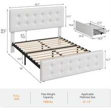 Bed Frame with 4 Storage Drawers and Headboard, Velvet Upholstered Platform Bed Frame with Wooden Slats Support, Button Tufted Design, No Box Spring Needed - Blanco-Full - Ver 2