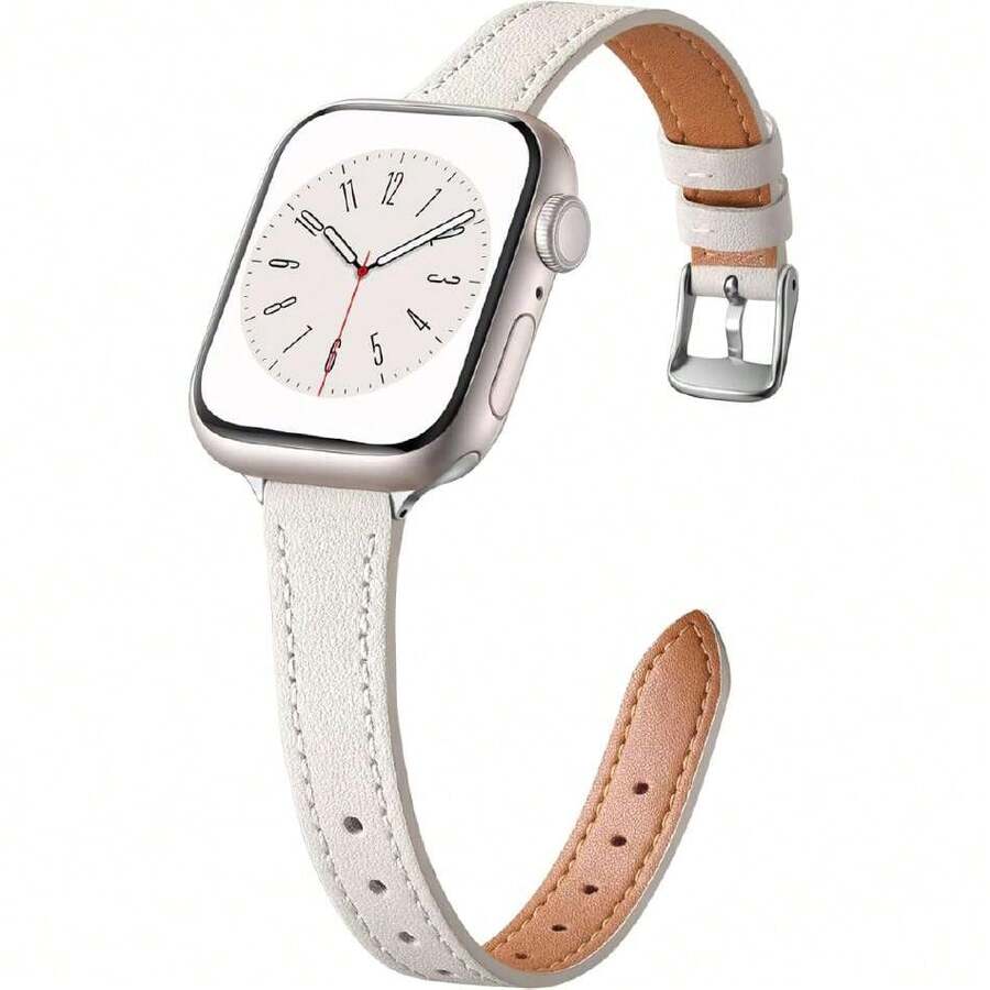Correa Delgada Cuero Compatible con Apple Watch 38mm 40mm 41mm 42mm 44mm 45mm 46mm 49mm, Correa Delgada Cuero Genuino Primera Calidad Para Series 11 10 9 8 7 6 5 4 3 2 1 SE Ultra,37492854 - Beis - Ver 1