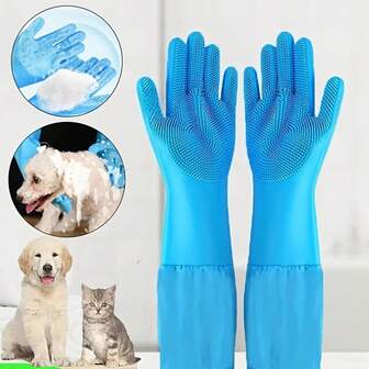 1 par de guantes de aseo y limpieza para mascotas, guantes de baño y lavado para perros y gatos, guantes de aseo para mascotas extra largos de silicona suave anti-mordeduras