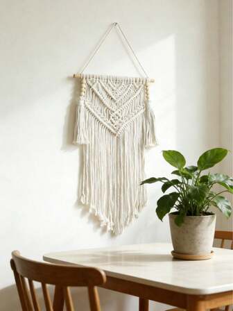 1pc Handmade Woven Tapestry, Boho Style With White Tassels And Geometric Patterns, Bohemian Home Decor Suitable For Living Room, Bedroom, Kids Room, Dorm, Farmhouse, Rustic Wall Hanging, Natural Cotton, Simple Style