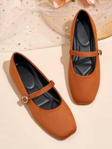 Women's Square Toe Mary Jane Flats - Classic & Versatile Burnt Orange, Soft Rubber Sole And Padded PU Insole - Comfortable For Office And Casual Wear, Suitable For All Seasons, Women's Flat Shoes, New, Fashion, Minimalist, Slip-On, Solid Velvet - Buckle Style - 亮橙色 - 查看 3