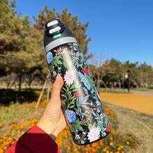Owal'o 32oz  Stainless Steel Insulated Water Bottle - Keeps Beverages Hot Or Cold For Extended Periods, Available In Various Floral Designs, Features A Pop-Up Lid, Carrying Handle, And Straw, Perfect For Outdoor Activities, Car Use, Sports, And As A Gift. - 黑色 - 查看 4