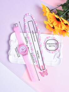 2026新款花朵蝴蝶双机芯LED学生手表，卡通蝴蝶儿童石英表，项链手链公主首饰套装，3件套女孩礼品套装 - 粉色 - 查看 3