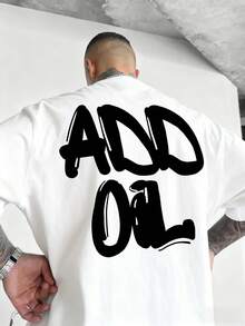 男士时尚百搭“ADD OIL”标语印花圆领短袖T恤，夏季款 - 白色 - 查看 1