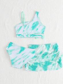 Young Girl Watercolor Tie Dye Swimsuit Set - Multicolor - View 2