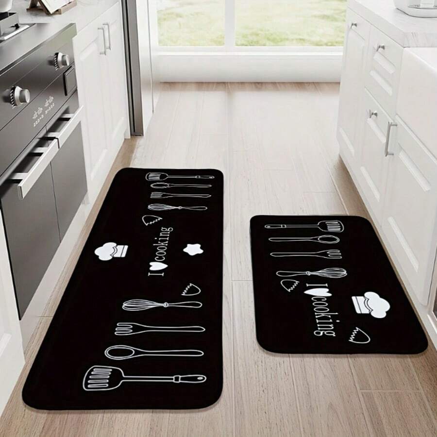 2pcs Kitchen Floor Mats, I Like Cooking Minimalist Utensil Print, Machine Washable, Non-Slip, Geometric Woven Polyester Bath Rugs, Low Pile, Machine Made Rectangular Pads, Kitchen, Living Room, Entryway, Balcony Home Decor - Multicolor - View 1