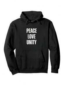 1pc Men-S Heavyweight 380gsm Peace Love Unity Graphic Hooded Sweatshirt - Warm Blend Pullover Hoodie With Front Pocket, Longeeve Casual Streetwear, With Lettering, Autumn Winter Es_803 - 黑色7 - 查看 1