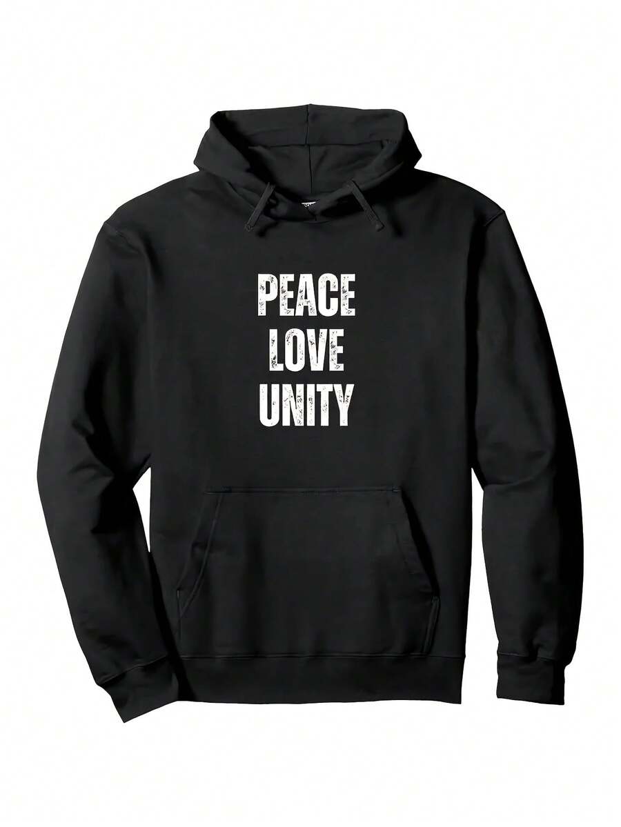 1pc Men-S Heavyweight 380gsm Peace Love Unity Graphic Hooded Sweatshirt - Warm Blend Pullover Hoodie With Front Pocket, Longeeve Casual Streetwear, With Lettering, Autumn Winter Es_803 - 黑色7 - 查看 1